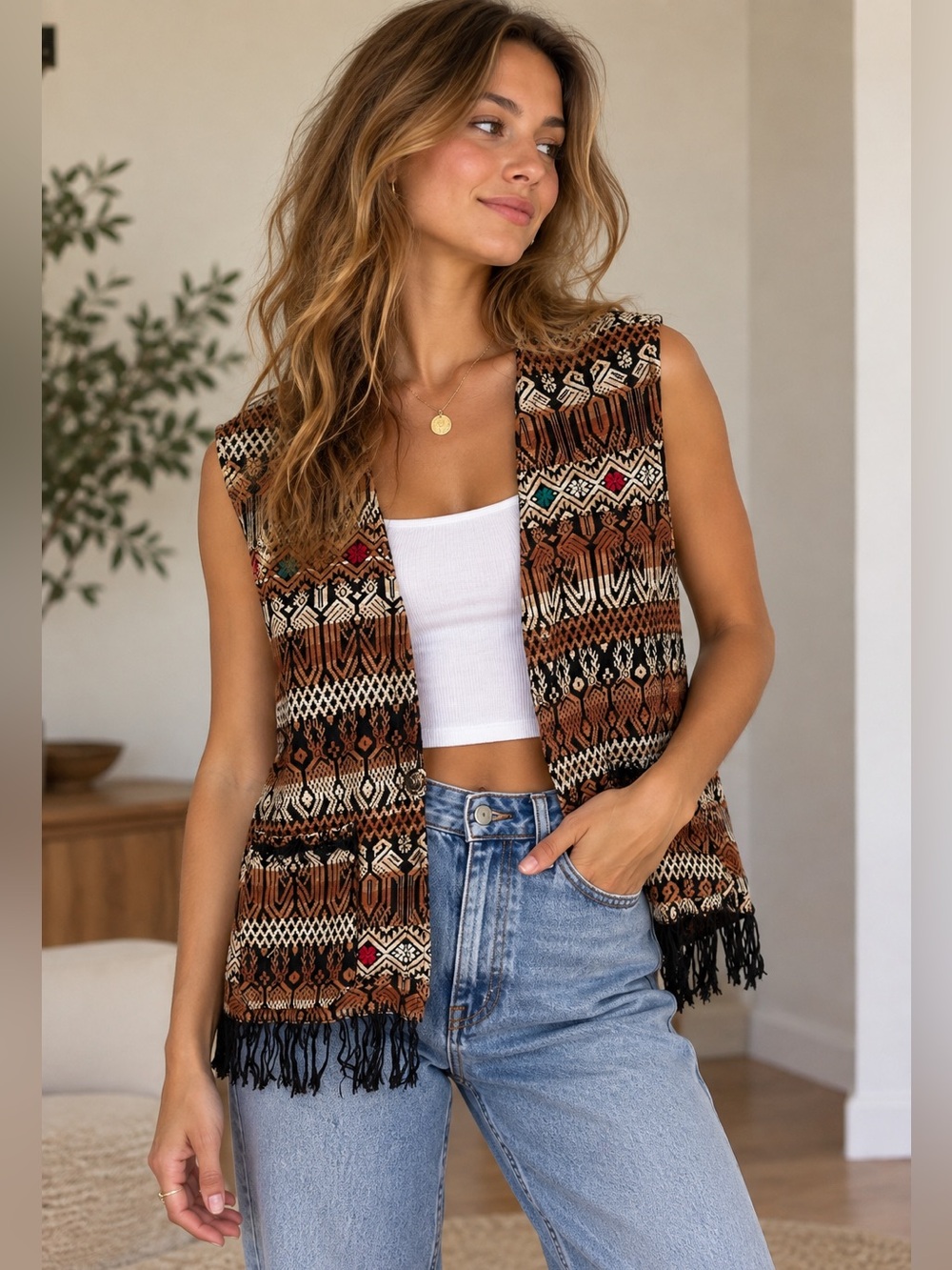Vintage Guatemala Woven Tribal Fringe Vest 100% Cotton Boho